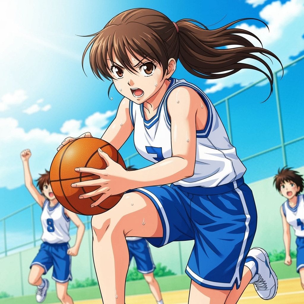 Anime Basketball Player Mid-Jump in Energetic Style