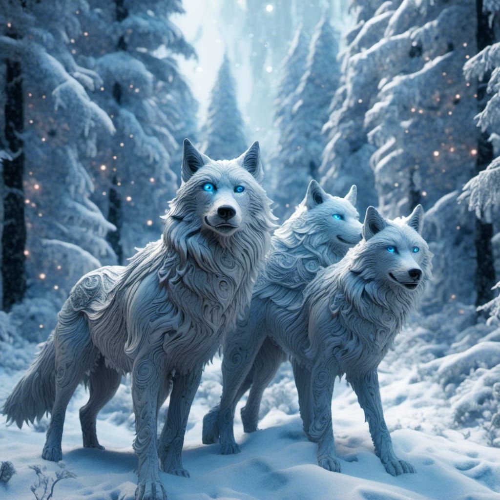 Monochromatic Blue-Eyed Wolves in Celtic Clan Style
