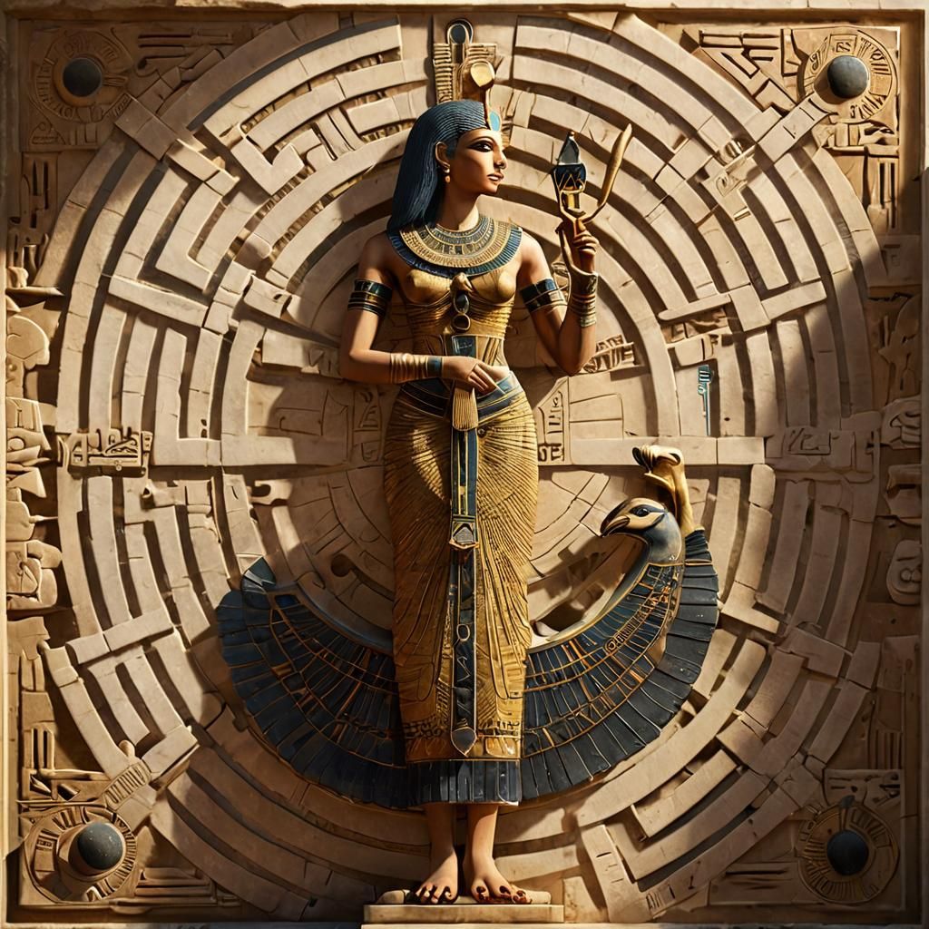 Isis in Egyptian Temple with Ankh and Horus