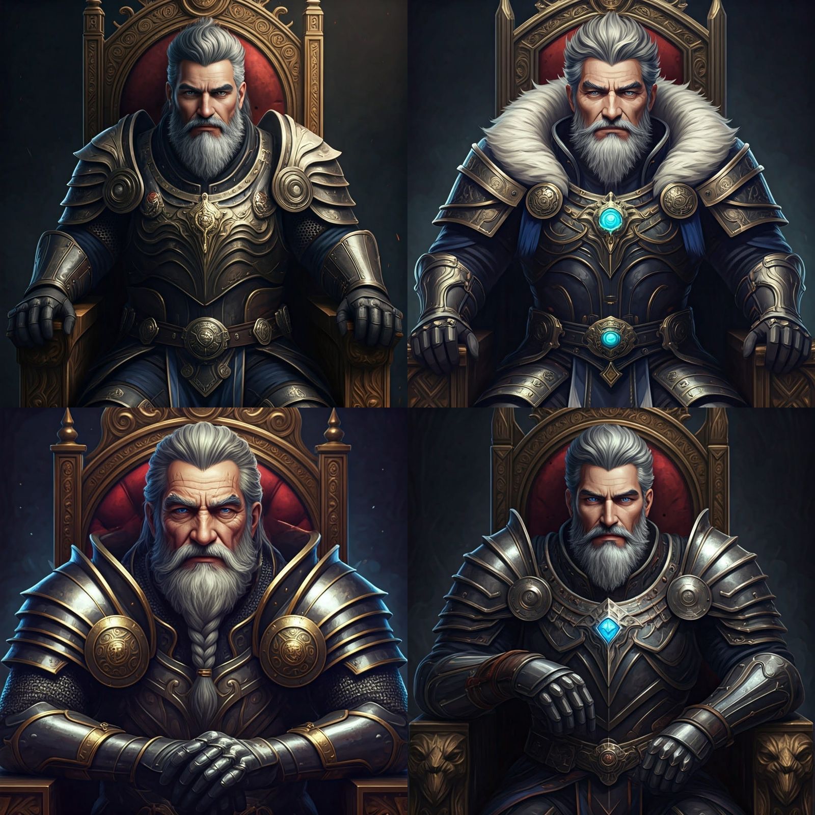 Armored Gray-Haired King on Throne in 3D Anime Style