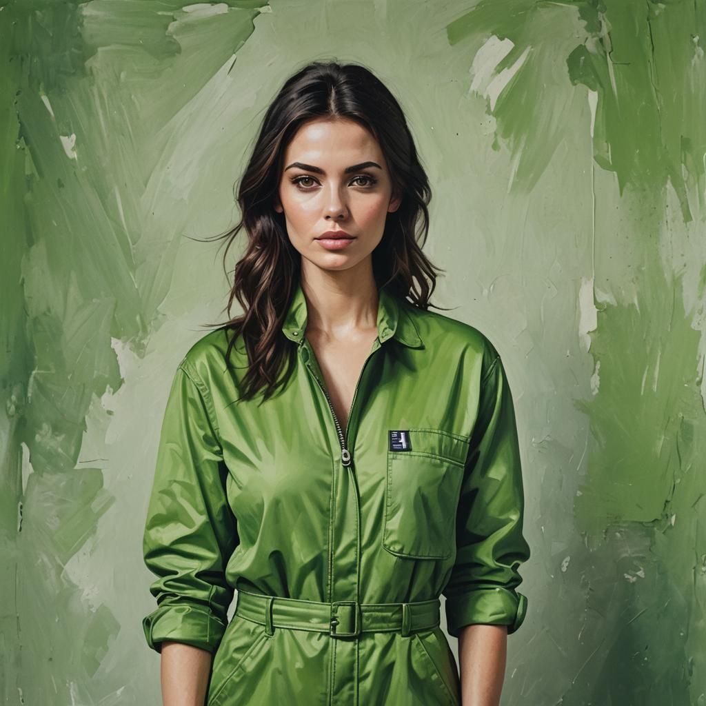 Brunette in Green Coveralls: Abstract Art Portrait
