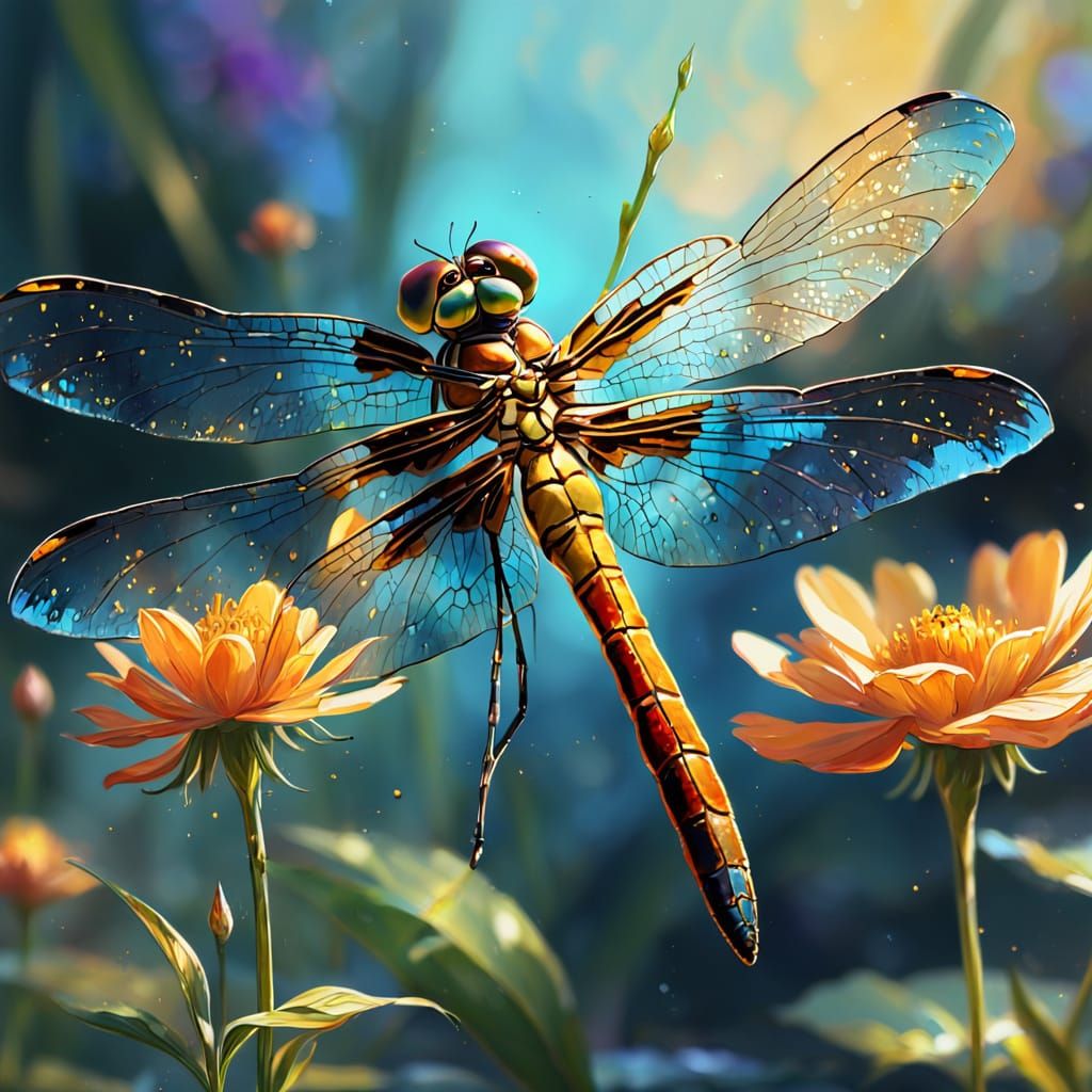 Dragonfly on Flower in Expressionist Style