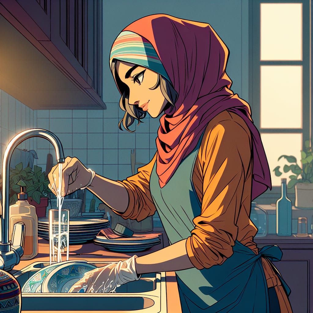 Middle-Eastern Mother Cleaning: Manga-Inspired Illustration