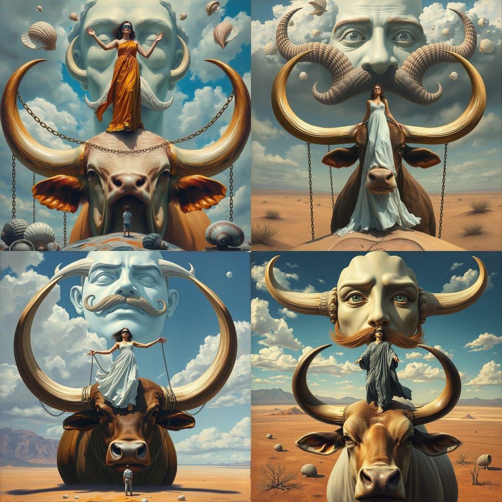 Surreal Desert Scene with Giant Ox, Dali Style