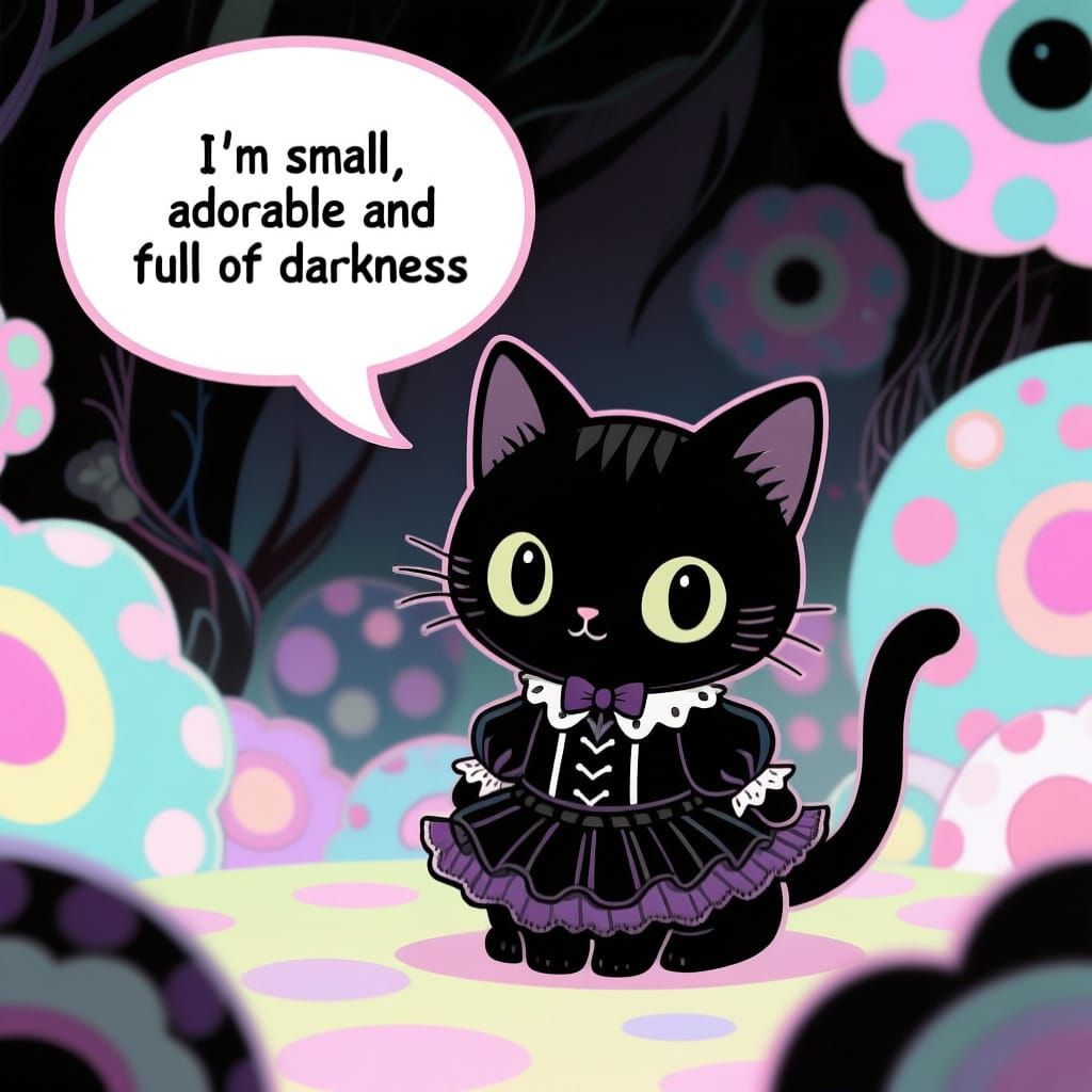 Emo Goth Kitten in Whimsical Cartoon Style