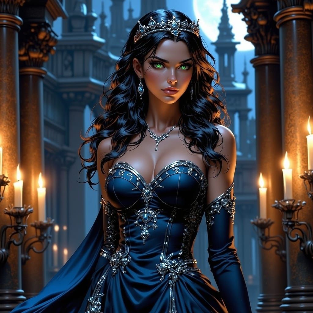 Mysterious Queen in Moonlit Castle Chamber