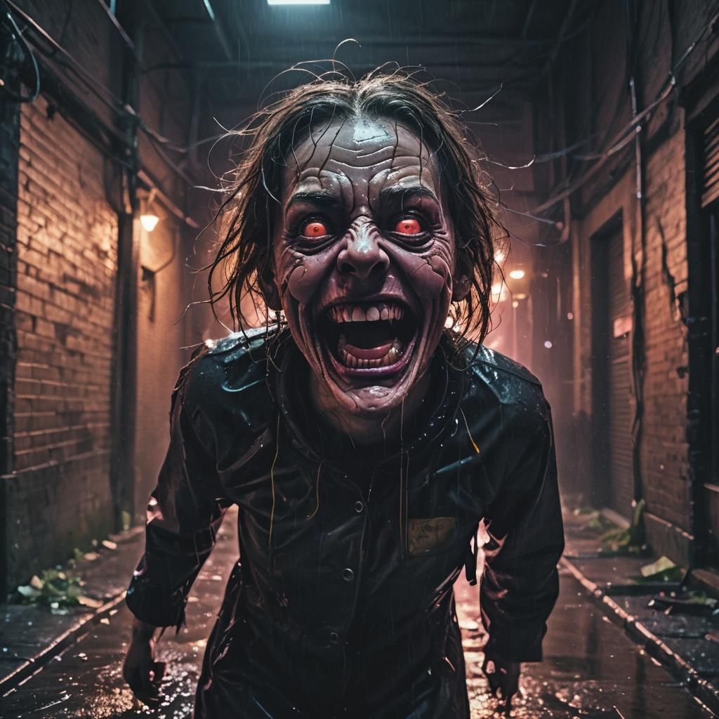Grotesque Cyberpunk Laughing Face in Dark Alleyway