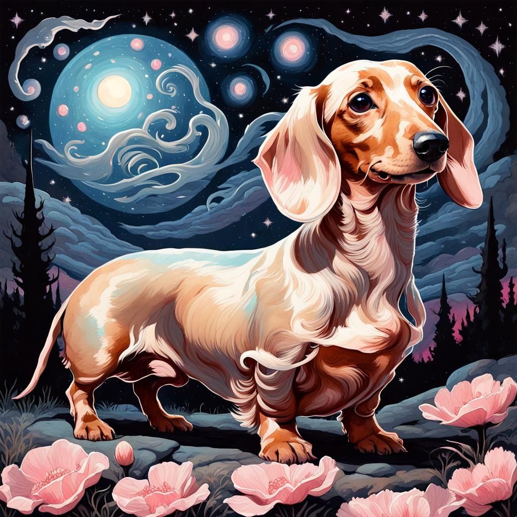 Watercolor Dachshund with Bioluminescent Petals