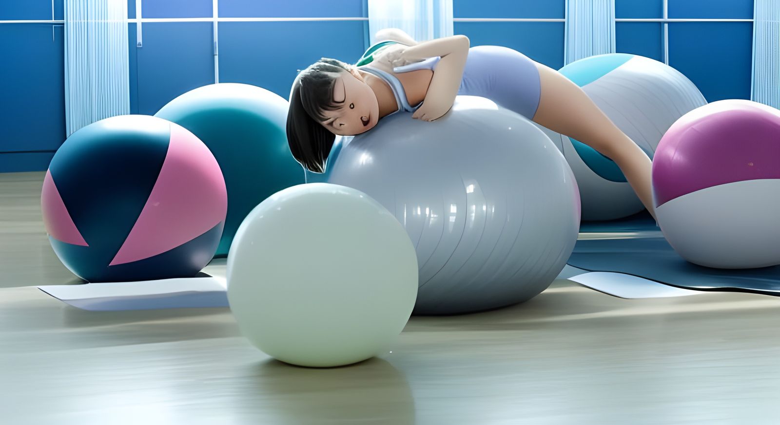Anime Girl in Swimsuit on Yoga Ball