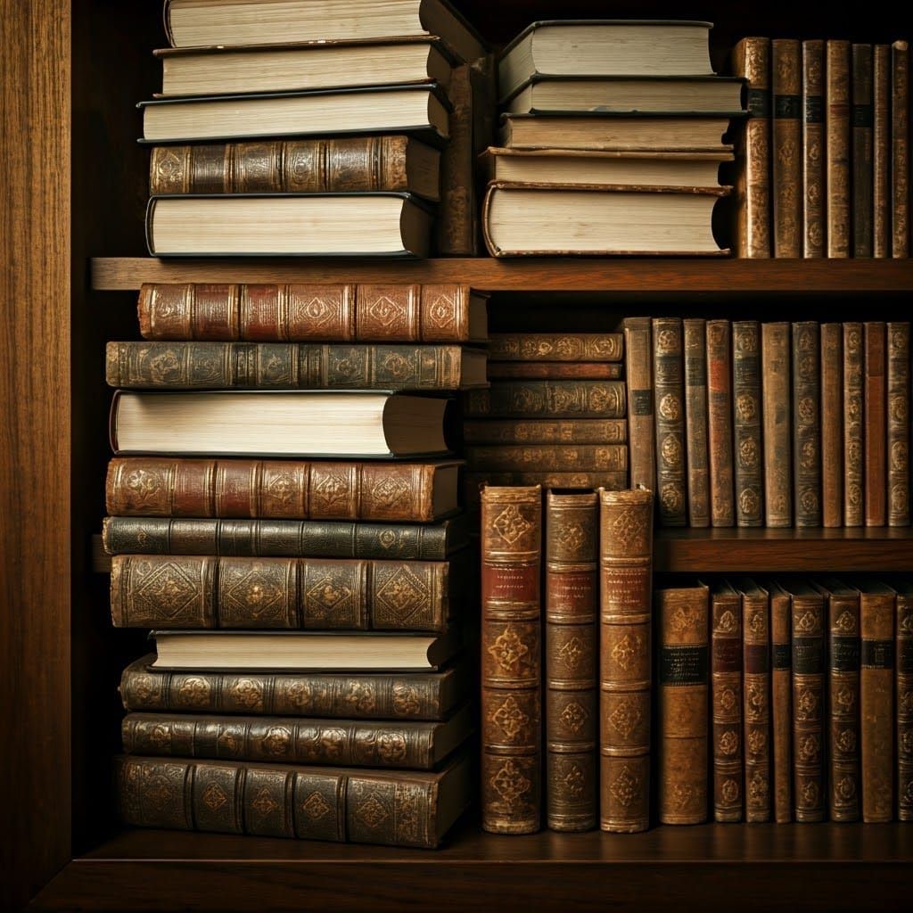 Antique Leather-Bound Tomes Fill a Muted, Golden-Lit Bookshe...