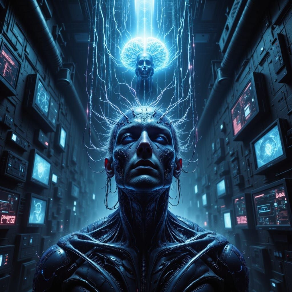 Cyberpunk Neural Hijack in a Dimly Lit Room