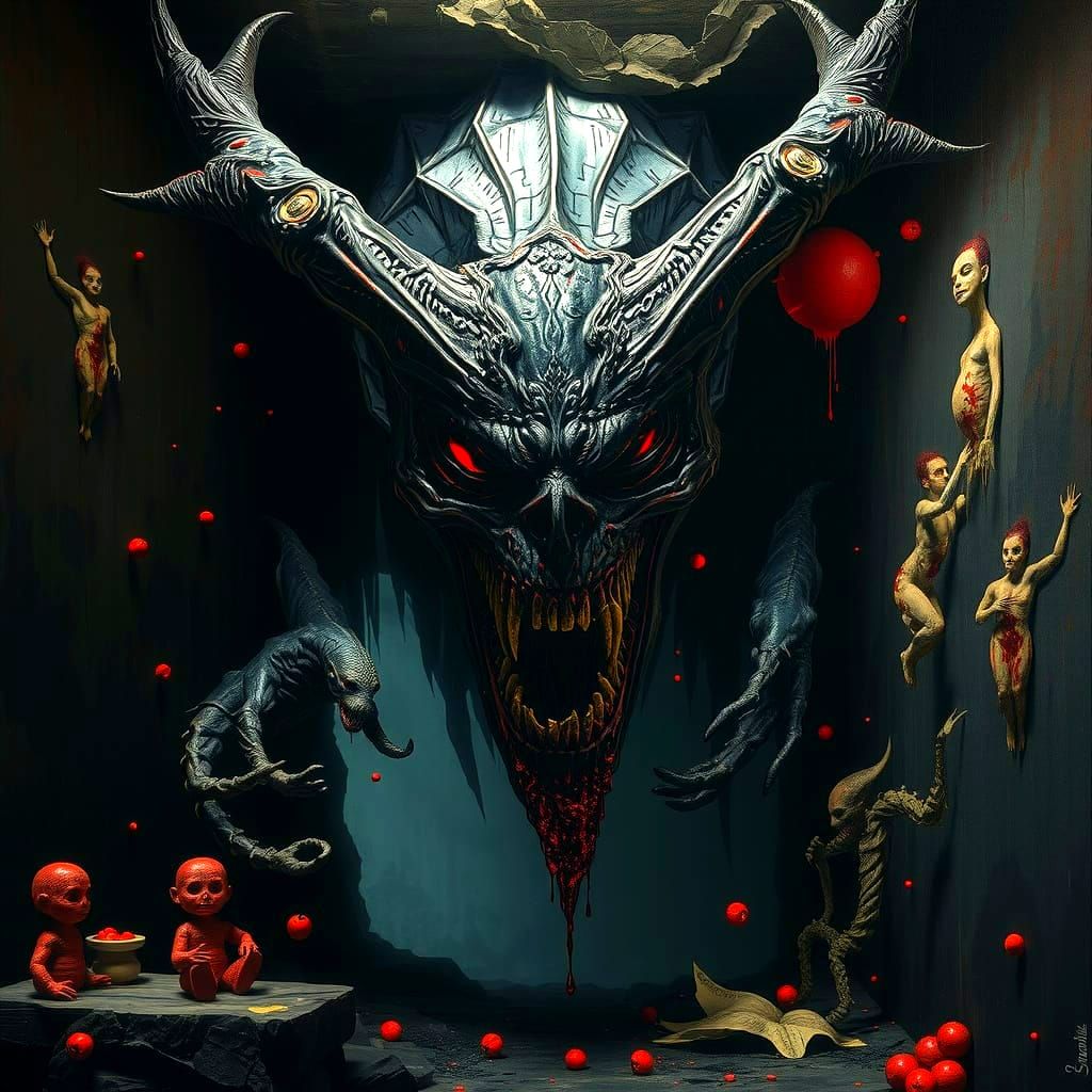 Grotesque Demon Emerging from Shadows in Dark Fantasy Style