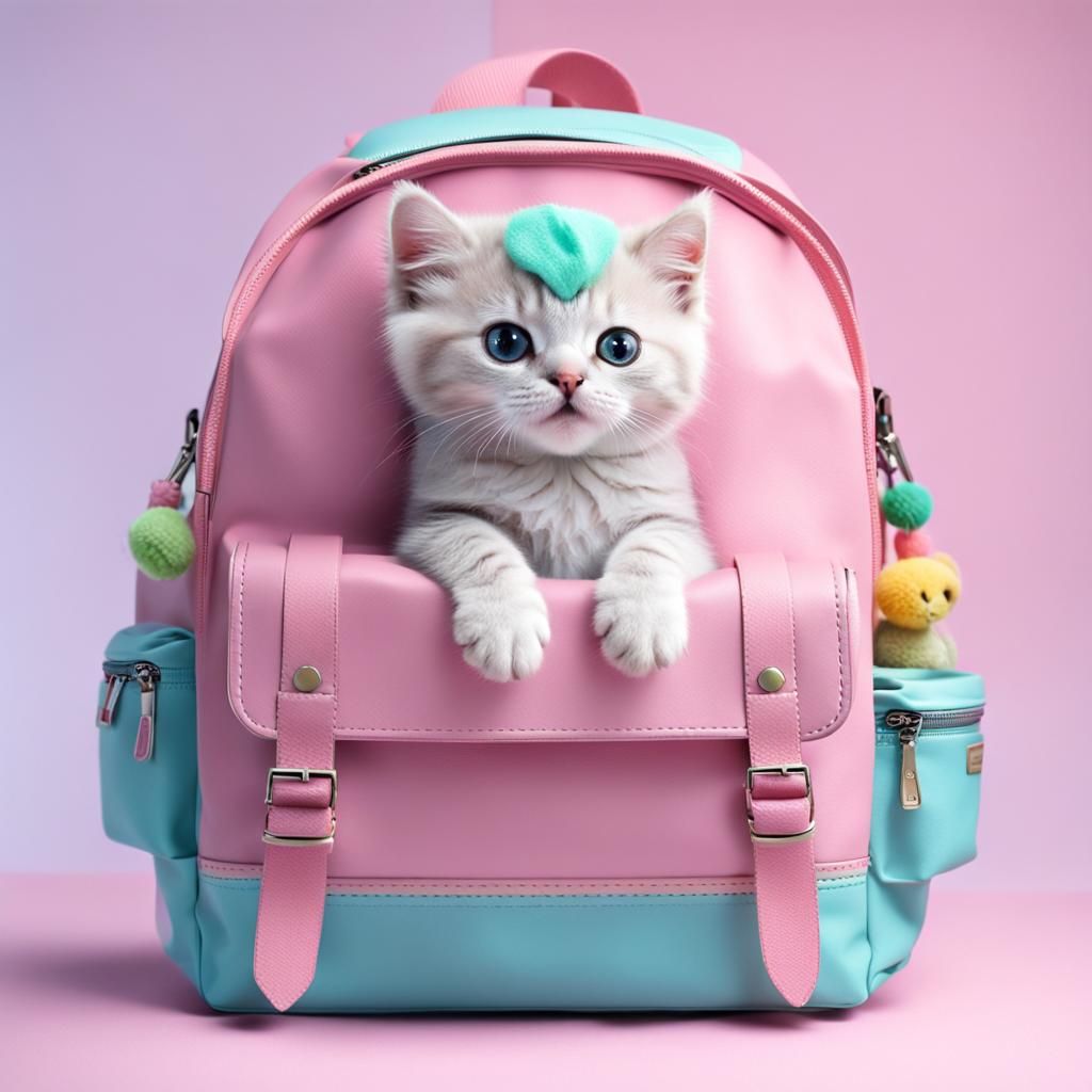 Pastel Rainbow Kitten in Pink Backpack