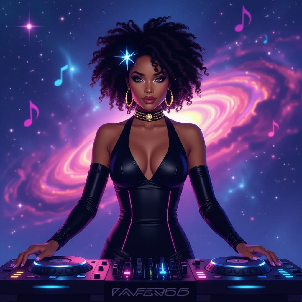 Afro-Latina DJ in Cosmic Void, Afrofuturist Art