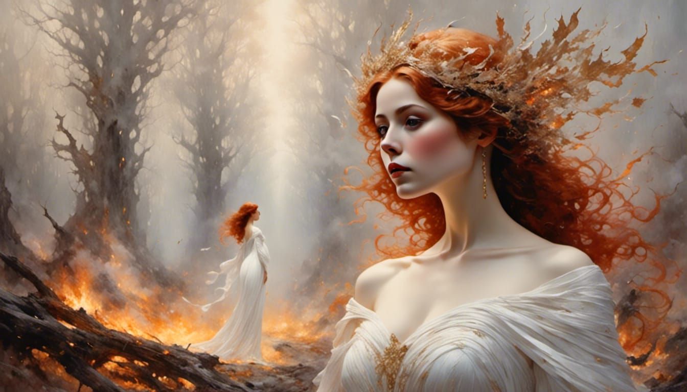 Ethereal Woman in Forest of Flames