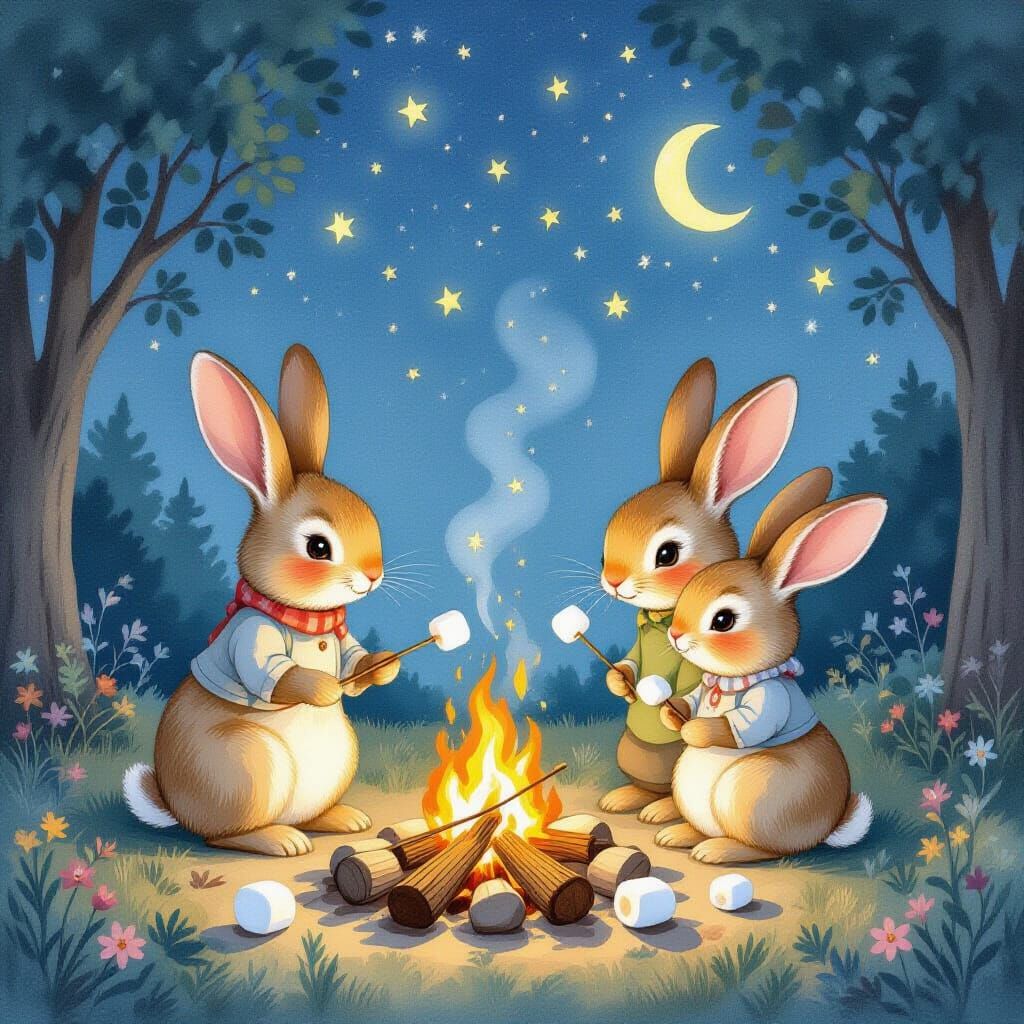 Rabbits Camping Under Twinkling Stars in Watercolor Style