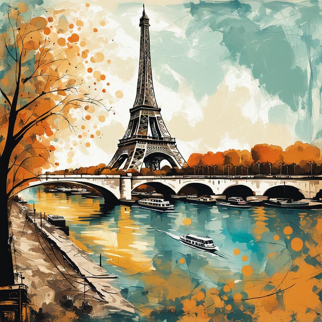 Abstract Eiffel Tower Art with River Seine