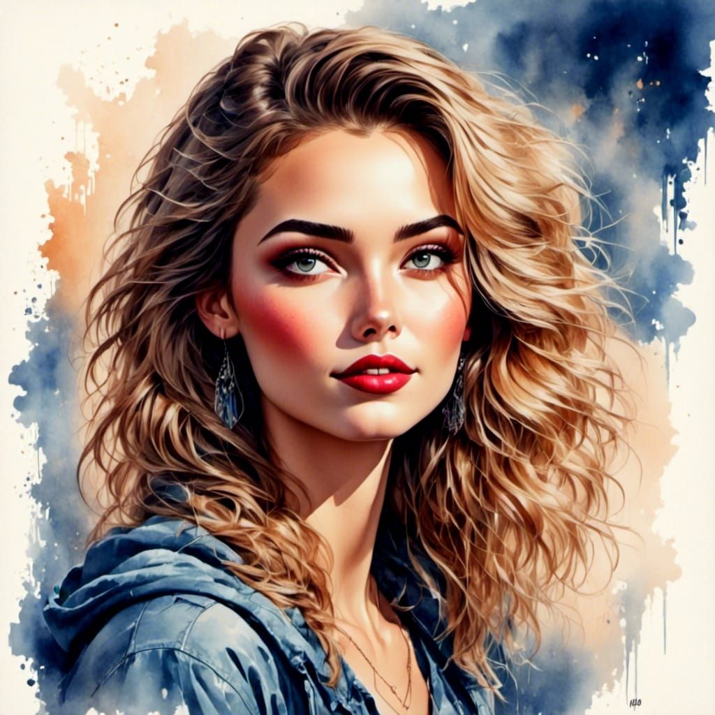 Dreamy Watercolor Portrait of a Smiling Woman