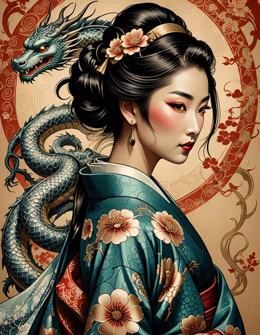 Art Nouveau Geisha With Dragon Tattoo