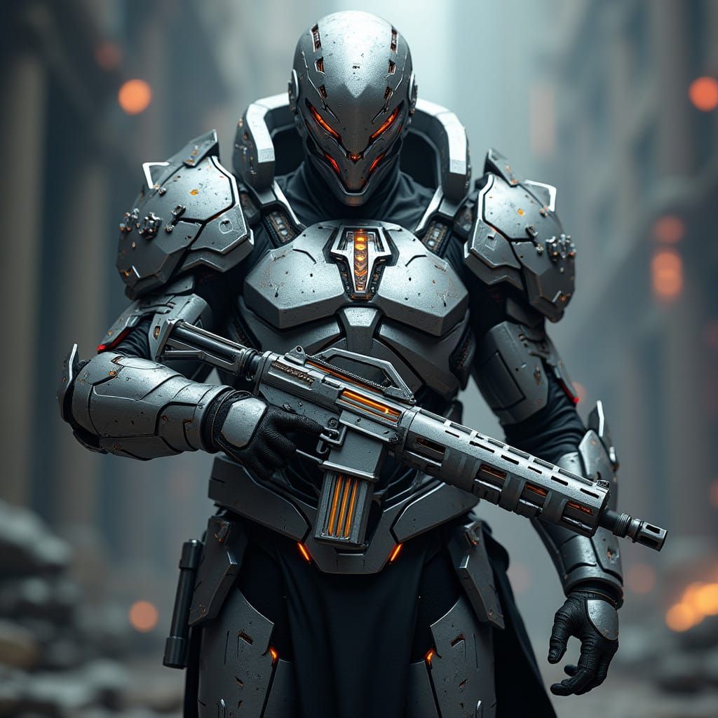 Cyberpunk Warrior in Advanced Silver Armor Suit with Dark Fa...