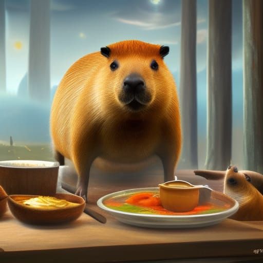 Capybara Eating Soup: Detailed Matte Painting