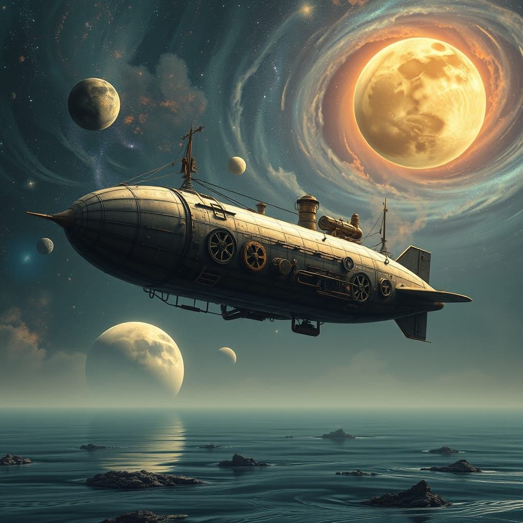 Steampunk Airship in Cosmic Nebula Sky