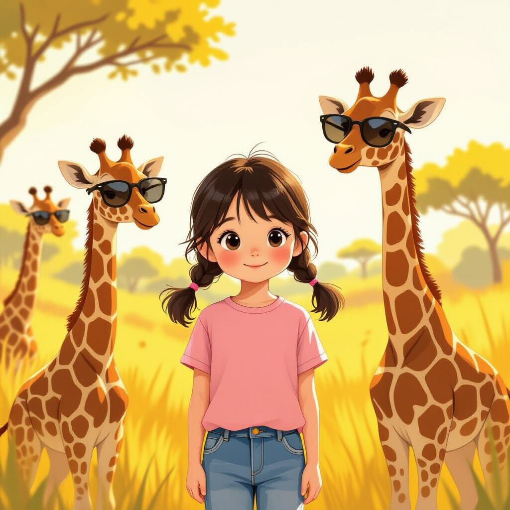 Girl and Giraffes on Sunny Savanna