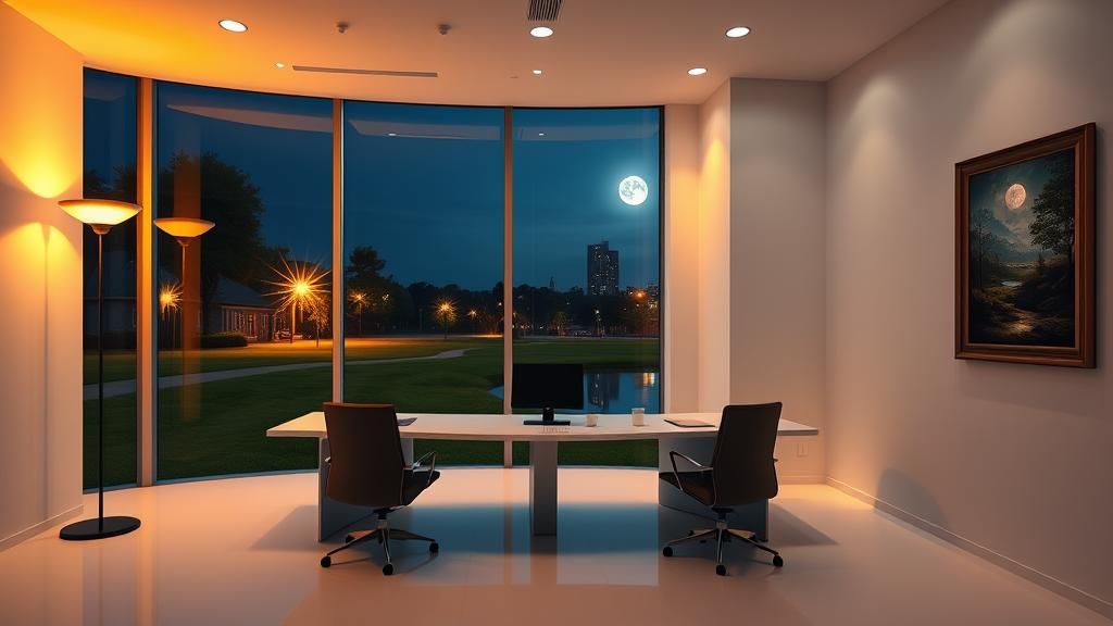 Sleek High-Tech Office with Serene Night View