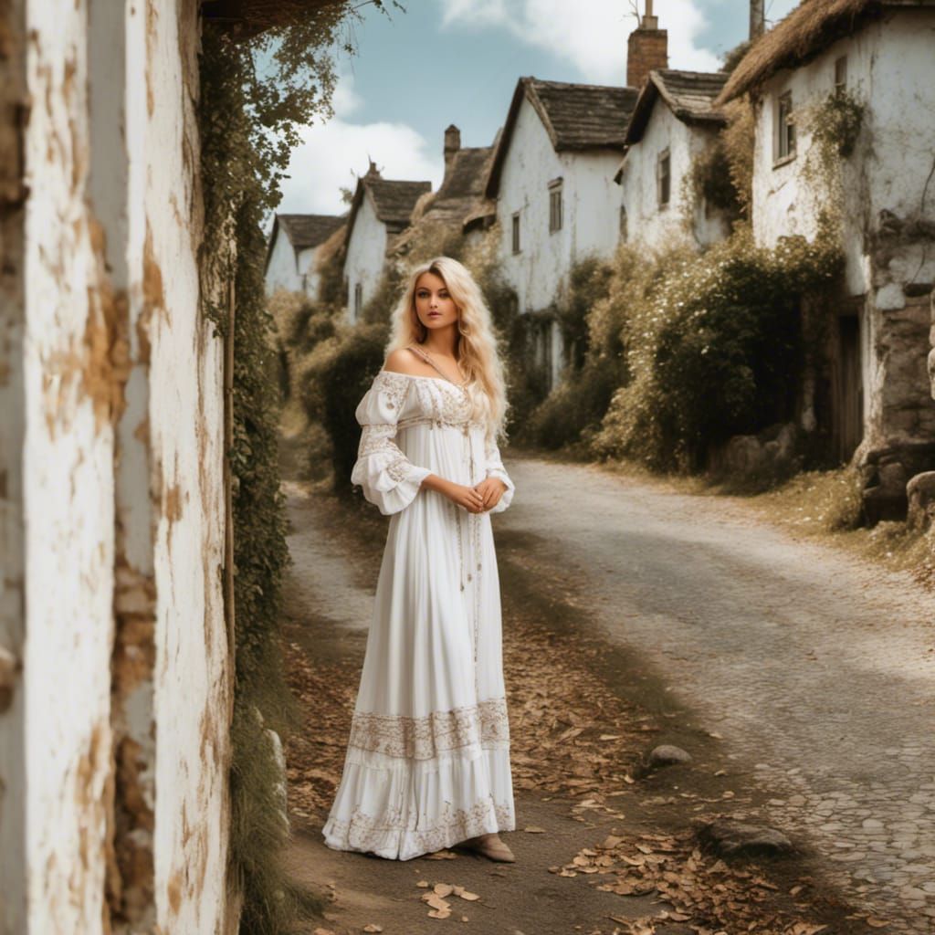 Blonde in Regency Dress in Country Village