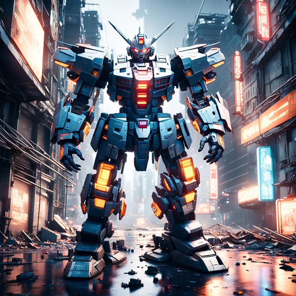 Gundam Mech Stands Tall in Ruined Cityscape