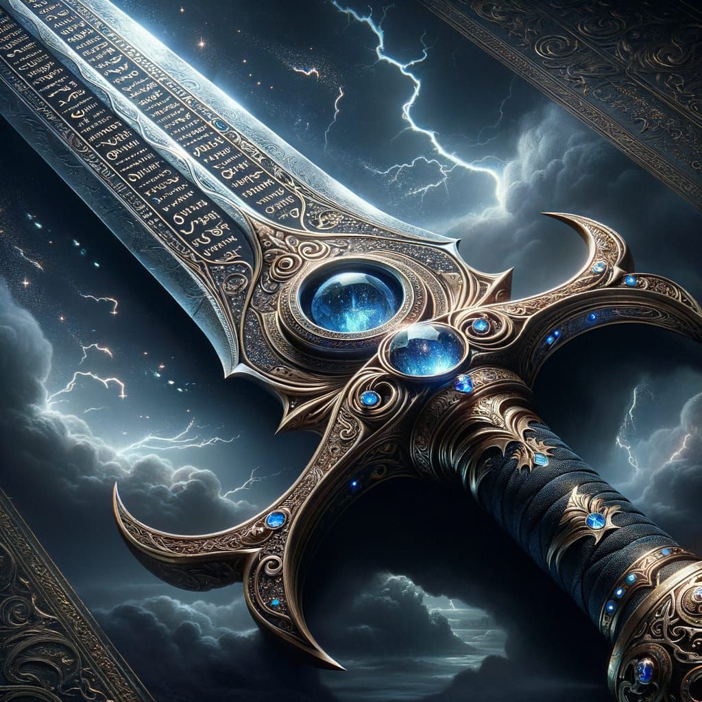 Blade: A long, gleaming blade with ancient runes etched along its length. The blade should appear to be made of a unique...