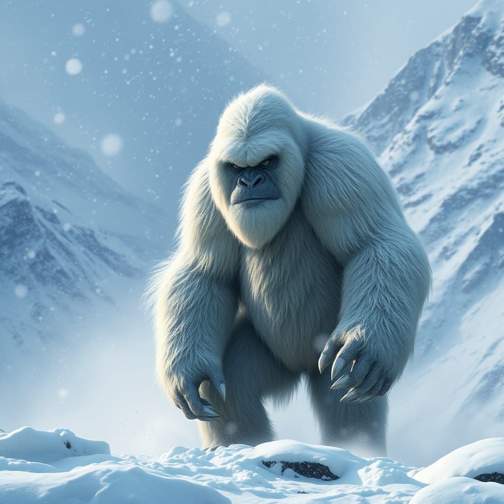 Hyperrealistic Abominable Snowman in Tibet Snowstorm