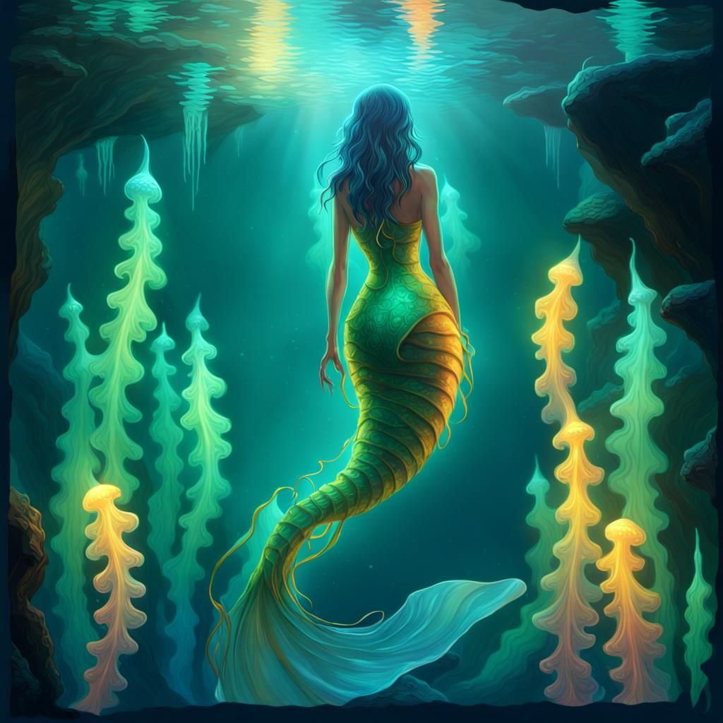 Siren in Underwater Cave: Fantasy Concept Art