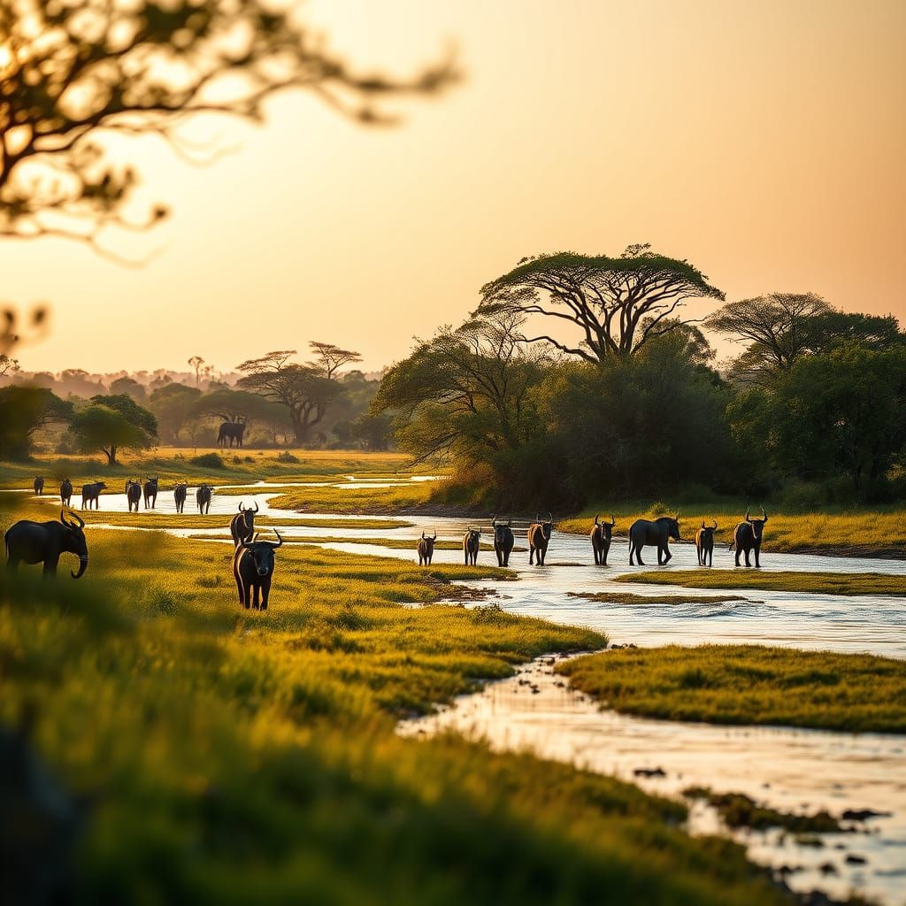 African Savanna River with Wildlife in Golden Light
