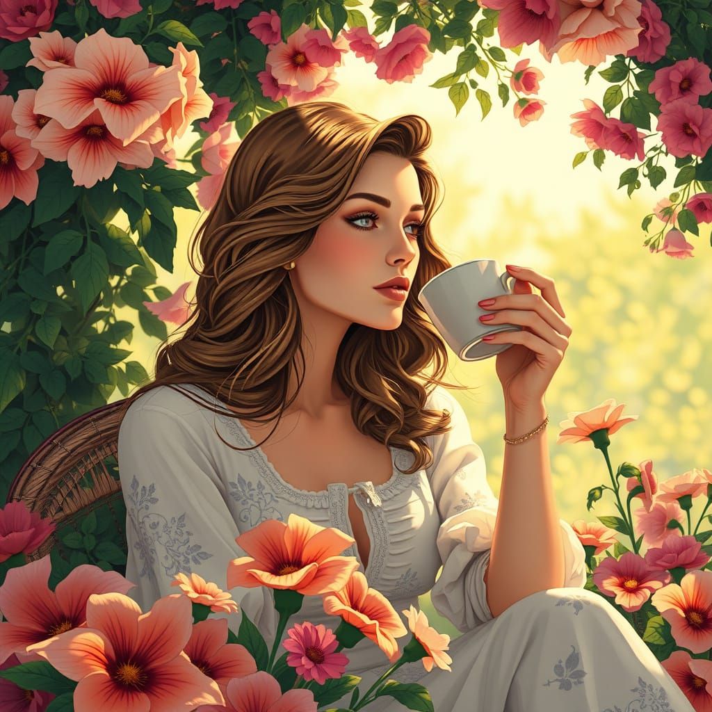 Woman Sipping Coffee in Art Nouveau Style