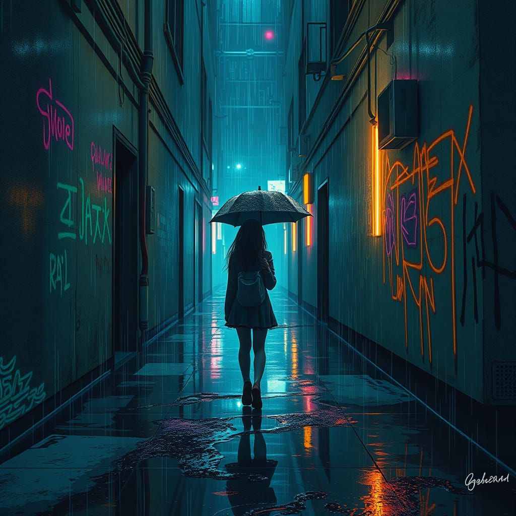 Girl Walks Alone in Glitching Neon Rain