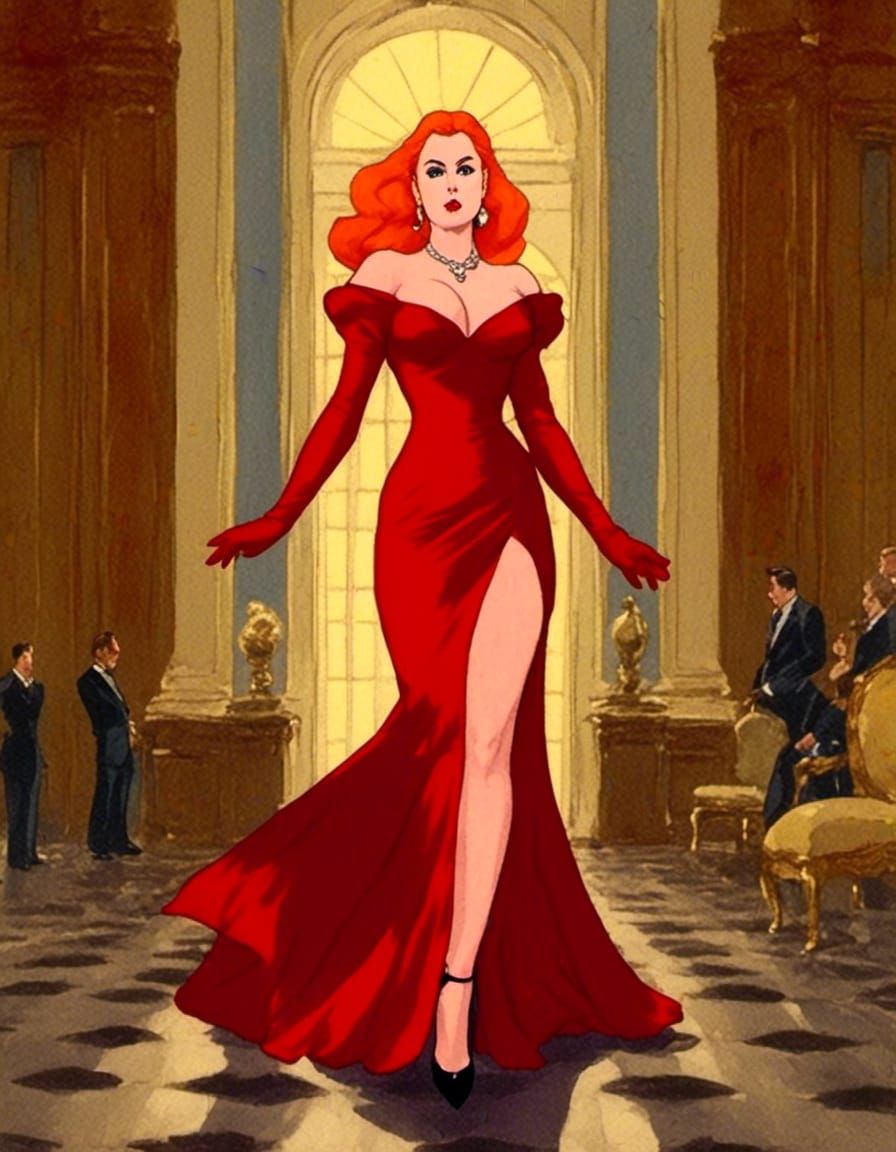 Voluptuous Cartoon Woman in Red Dress