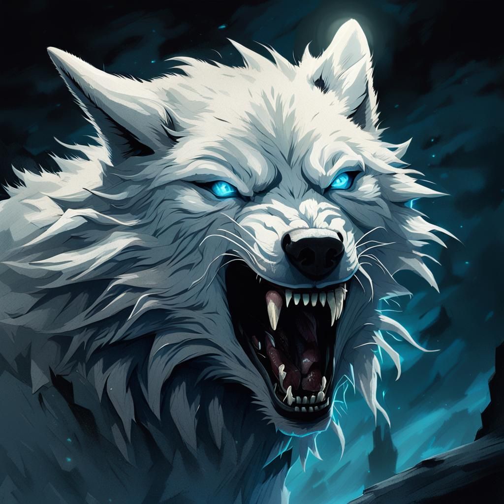 Snarling White Wolf in Dark Fantasy Style