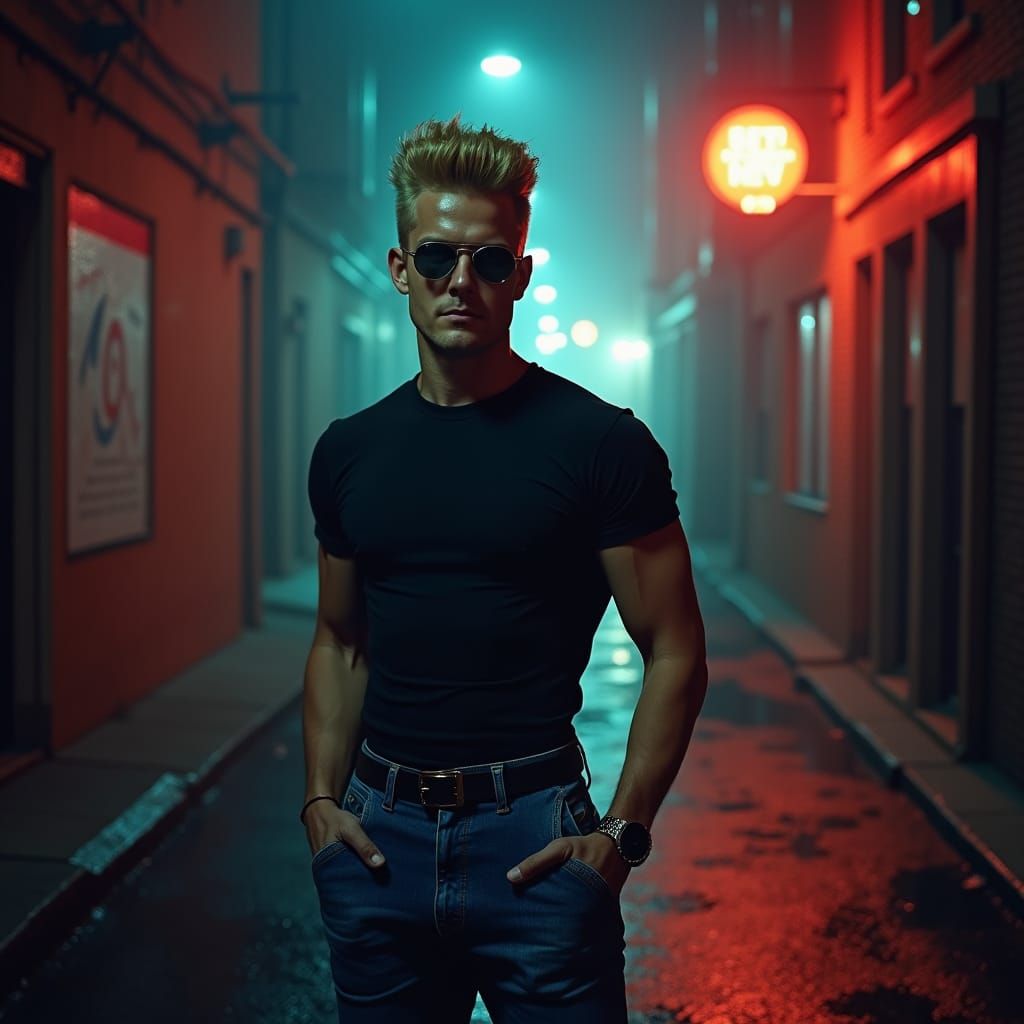 Johnny Bravo in Noir Alley: Hyperrealistic Photograph