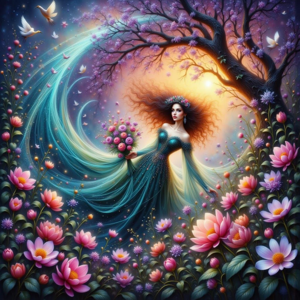 Surreal Spring Fairytale Landscape with Magic Flowers