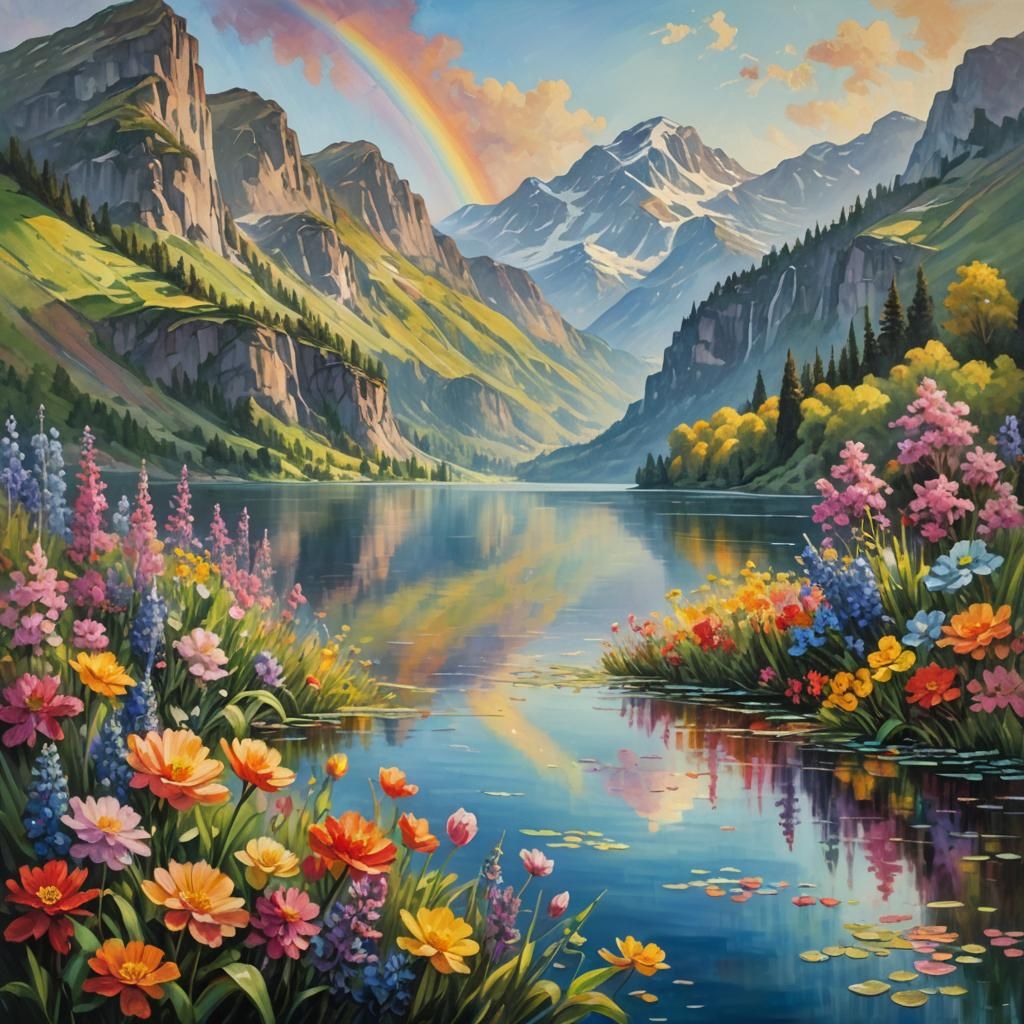 Rainbow Over Mountains and Flowers, Impressionist Oil Painti...