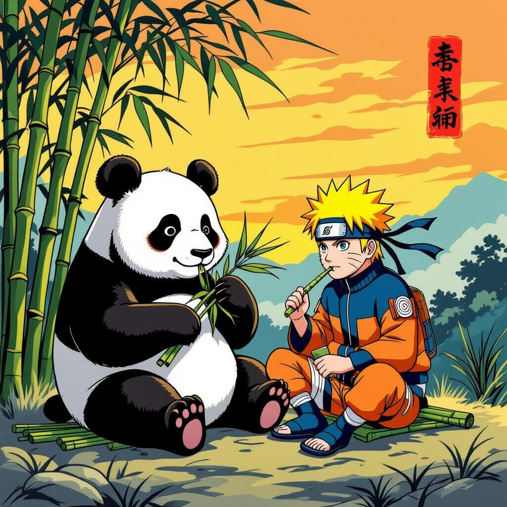 Panda and Naruto Enjoy Bamboo in Ukiyo-e Style