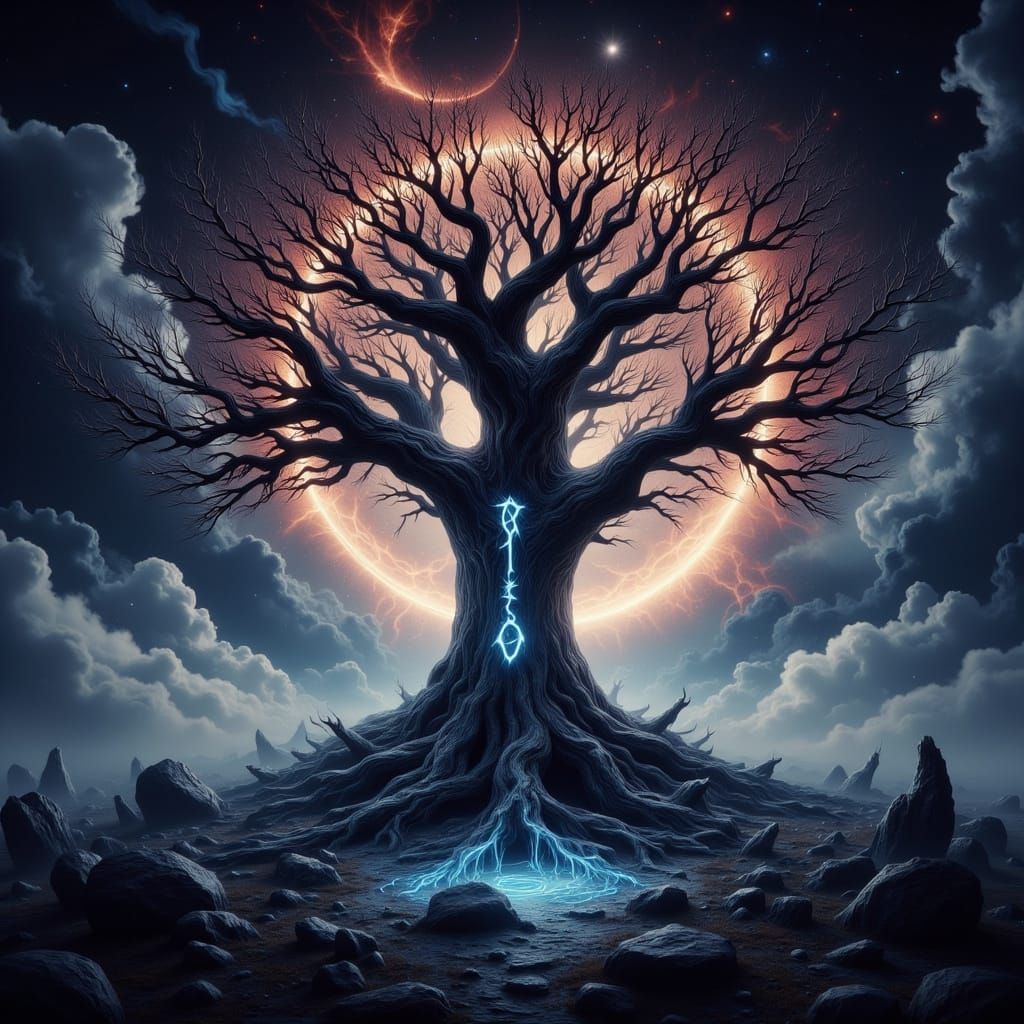 Majestic Tree Silhouette Against Nebula in WLOP Style