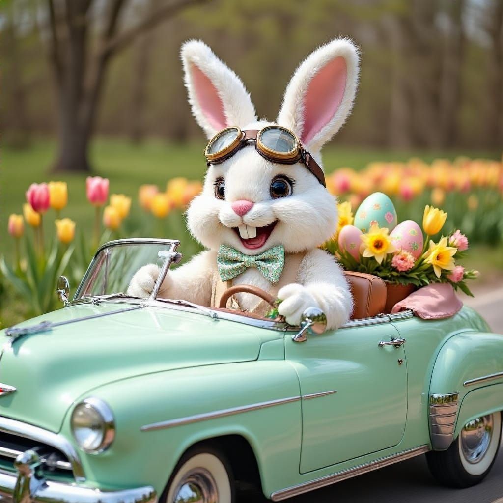 Cheerful Easter Bunny in Retro Convertible