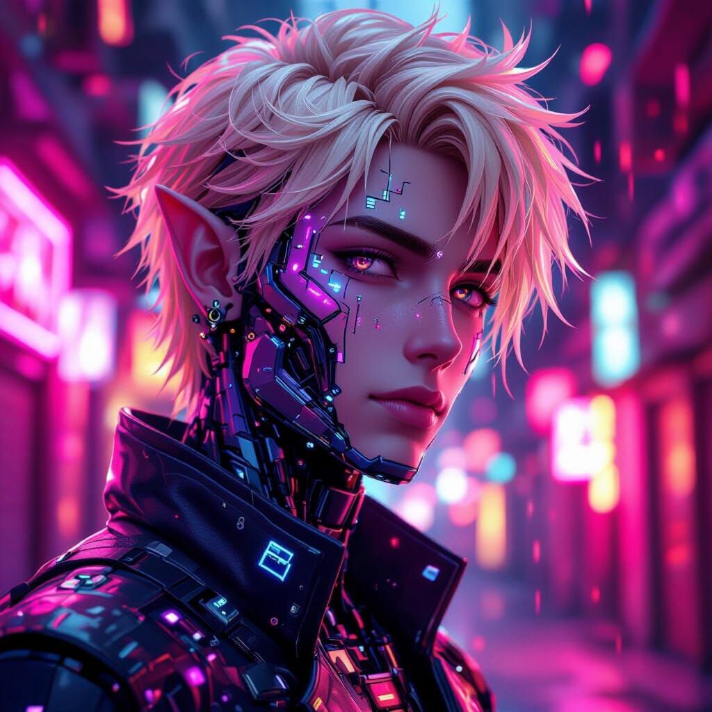 Cyborg Elf in Neon Cyberpunk Alleyway, Glitchcore Aesthetic
