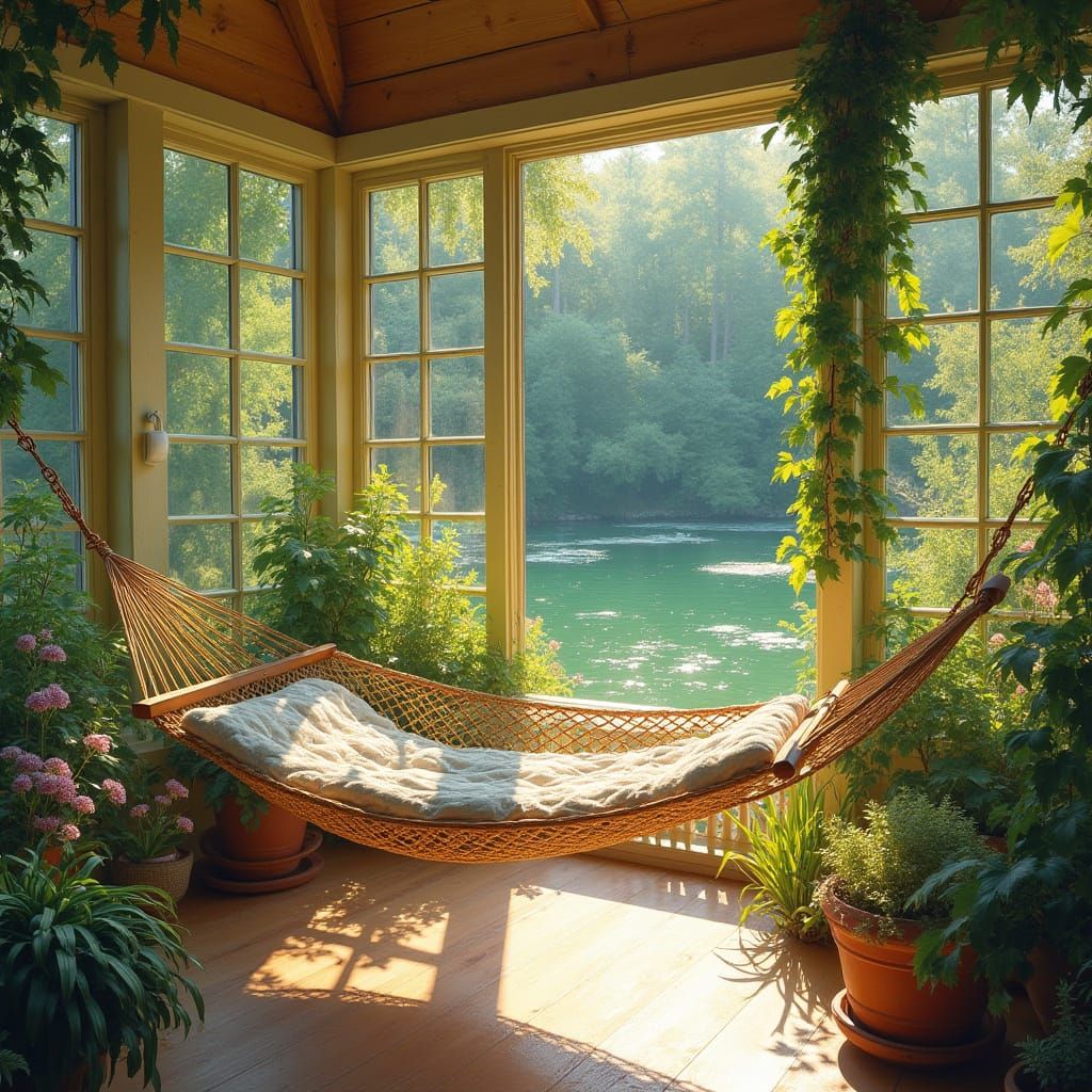Impressionist Sunroom View with Pond and Garden