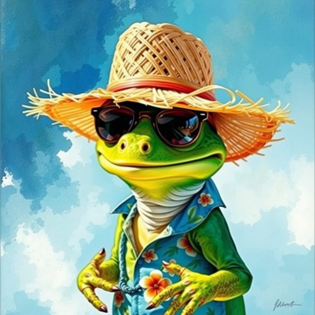 Geico Gecko in Hawaiian Outfit: Gouache Watercolor