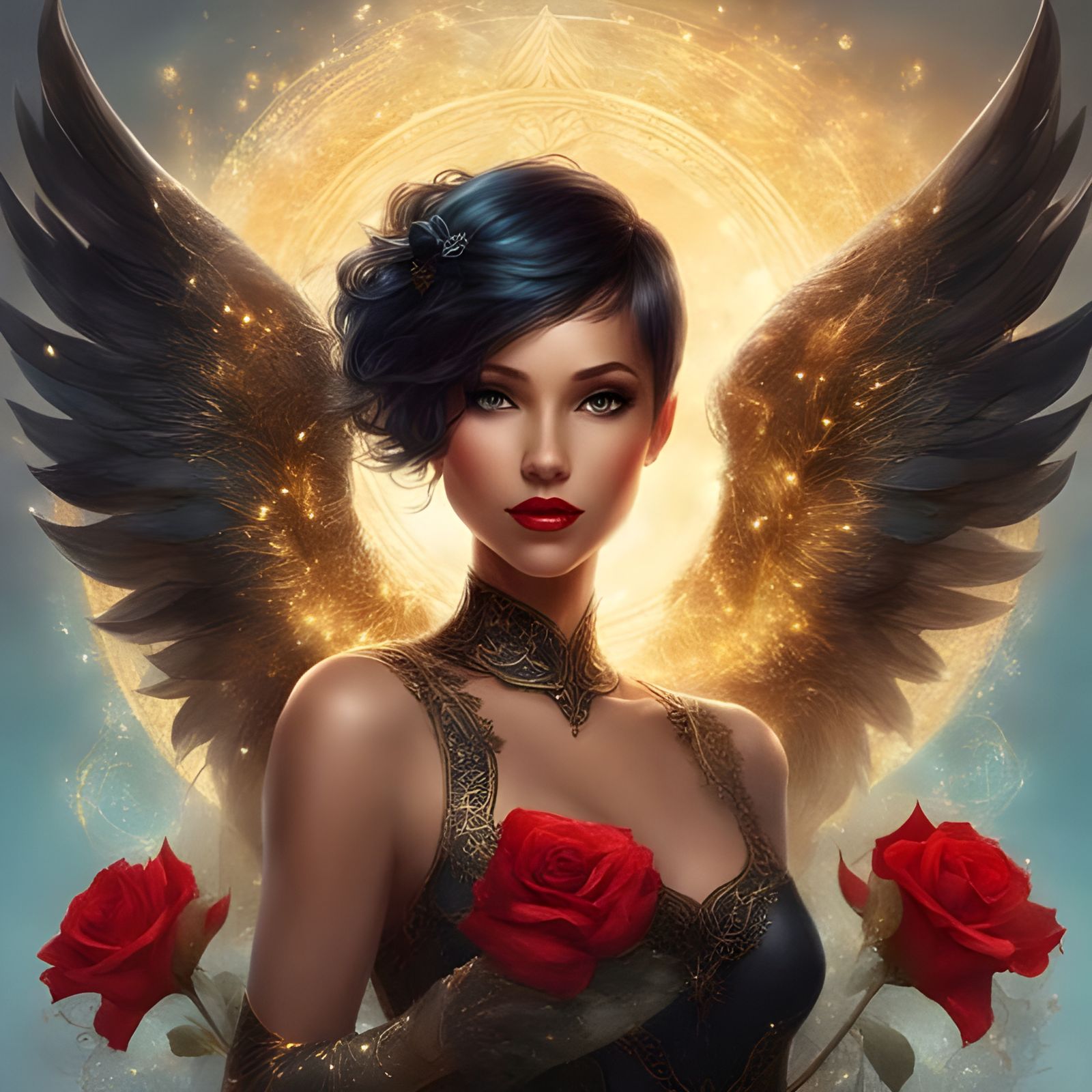 Black-Haired Angel with Golden Patterns and Roses