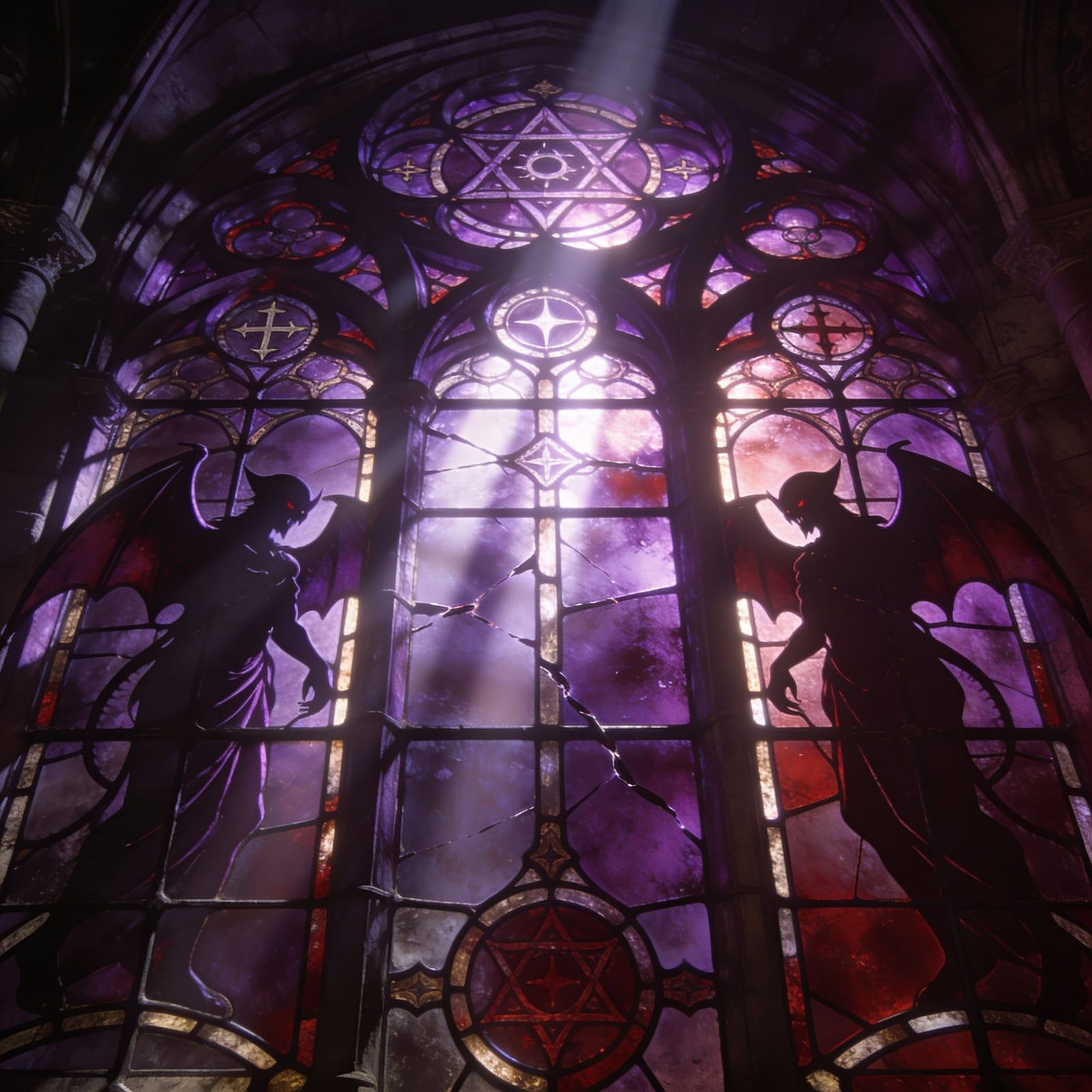 Gothic Vampire Stained Glass Art with Amethyst Hues