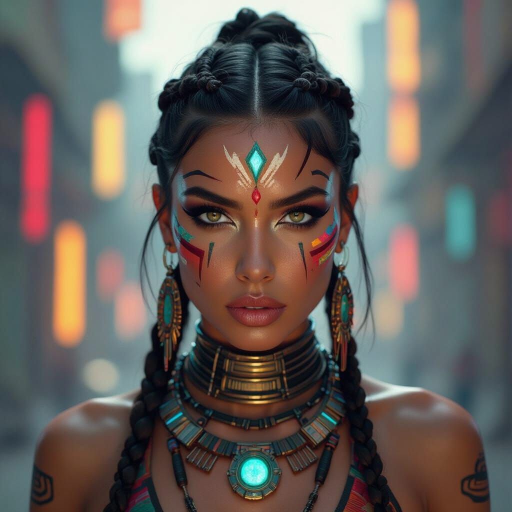 Woman with Tribal Face Paint and Futuristic Jewelry